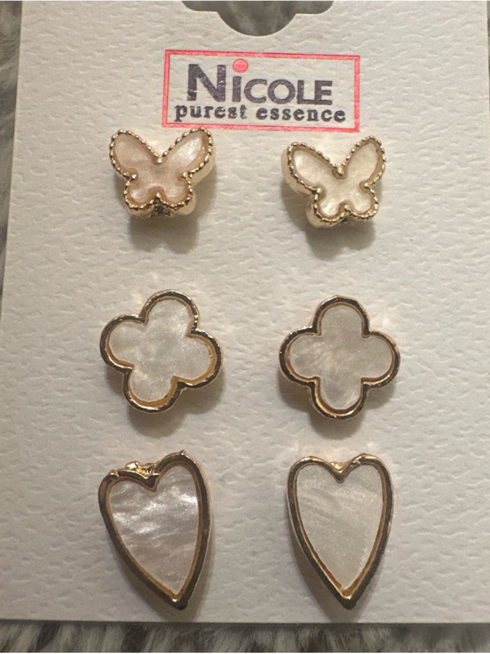 Nicole White and Gold Butterfly, Clover & Heart Stud Earring Set